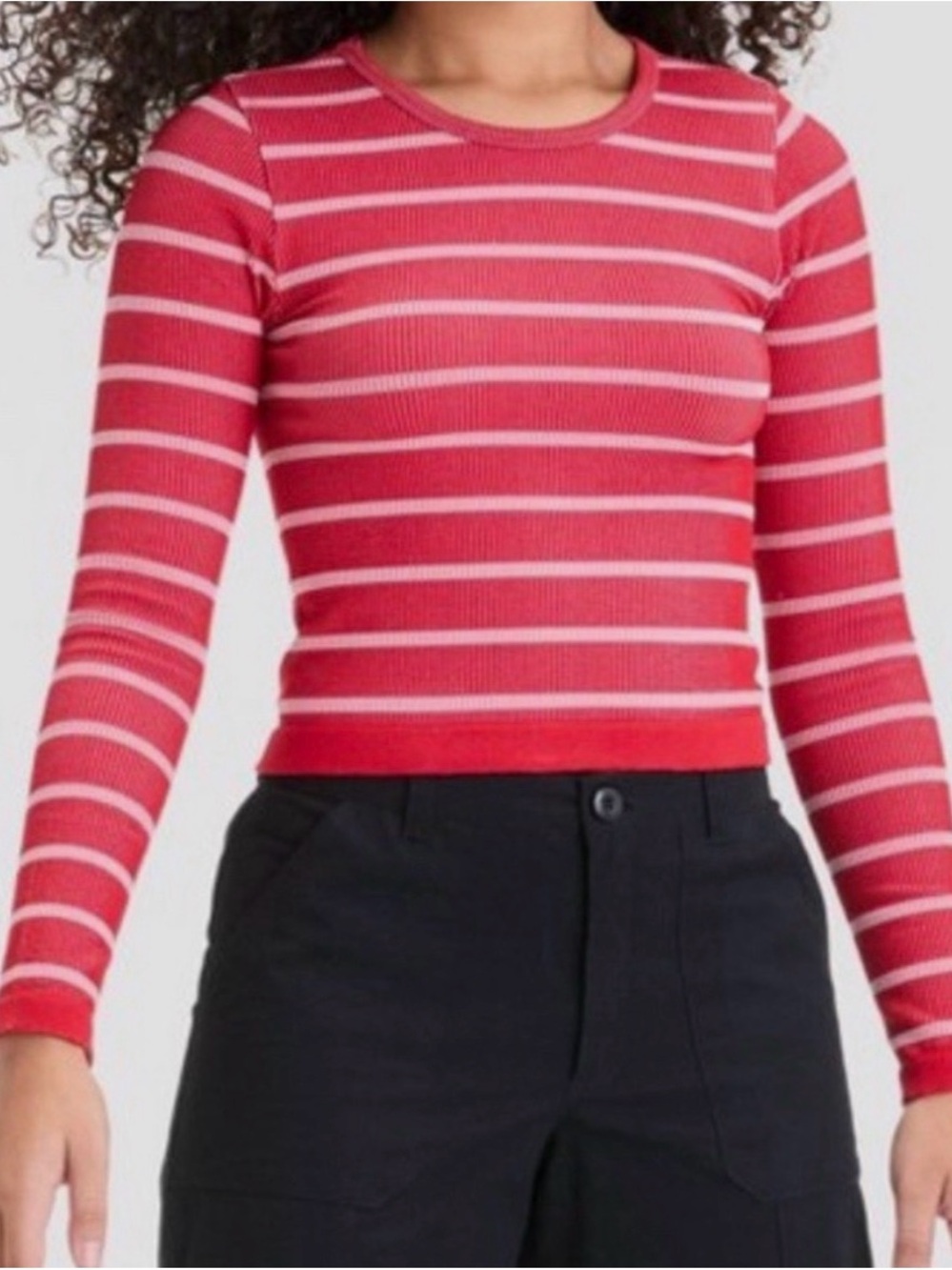 Women’s Red Stripe Long-Sleeve Ribbed Top